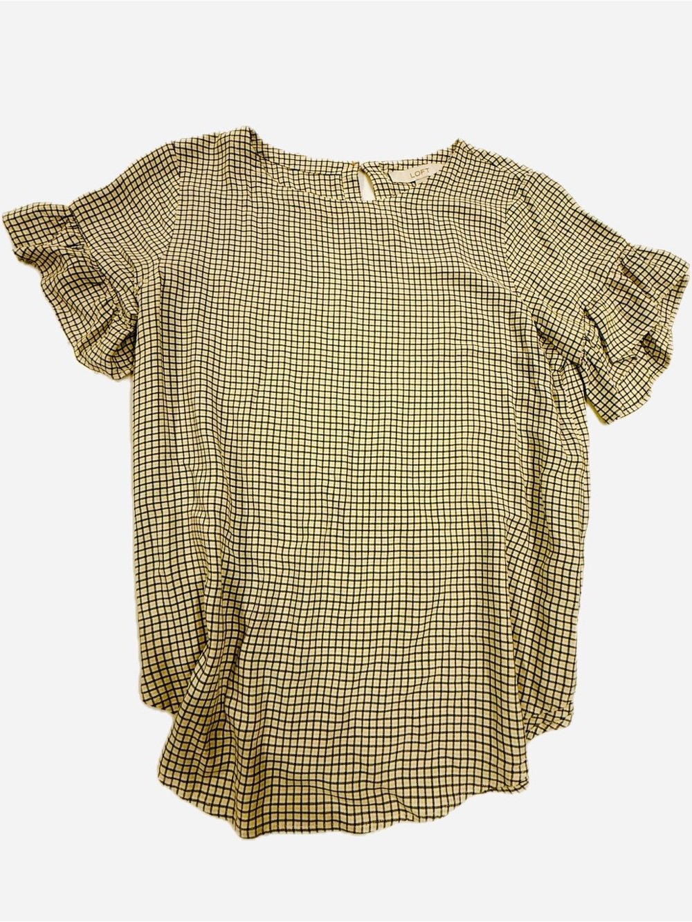 LOFT Yellow and Black Grid Ruffle-Sleeve Blouse